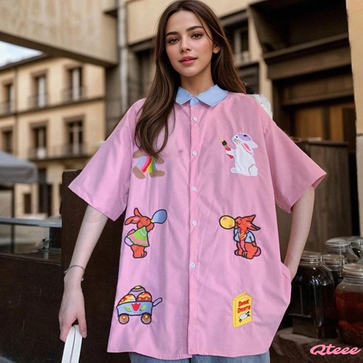 Qteee - Charming Cartoon Embroidered Casual T-Shirt Pink Collared Patchwork Tops, Casual Pink Patchwork Shirt, Patchwork Short Sleeve T-shirt For Spring, Spring Patchwork Short Sleeve T-shirt, Casual Embroidered Collared Tops, Spring Short Sleeve Patchwork T-shirt, Cute Collared Top With Graphic Print, Casual Patchwork Short Sleeve Tops, Trendy Embroidered Short Sleeve Tops