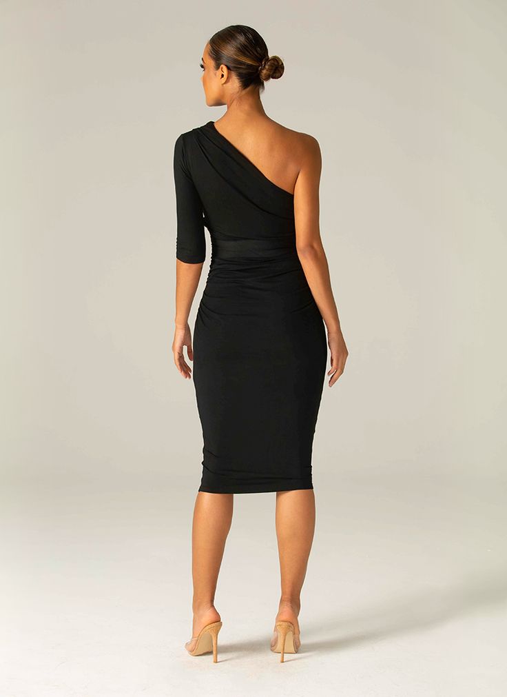 Dolly Elegant Bodycon Dress-Black Stretch Midi Dress For Dinner, Draped Bodycon Midi Dress For Cocktail, Elegant Stretch One Shoulder Dress With Ruched Detail, One Shoulder Midi Bodycon Dress For Evening, Black Midi Dress With Draped Sleeves For Work, Chic Draped Bodycon Midi Dress, Black One-shoulder Dress With Draped Sleeves, Party Ruched Midi Dress In Elastane, Formal One Shoulder Midi Dress With Ruched Detail