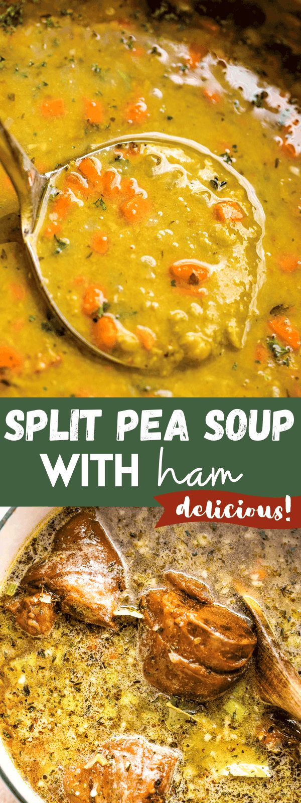 split pea soup with ham and potatoes in a bowl