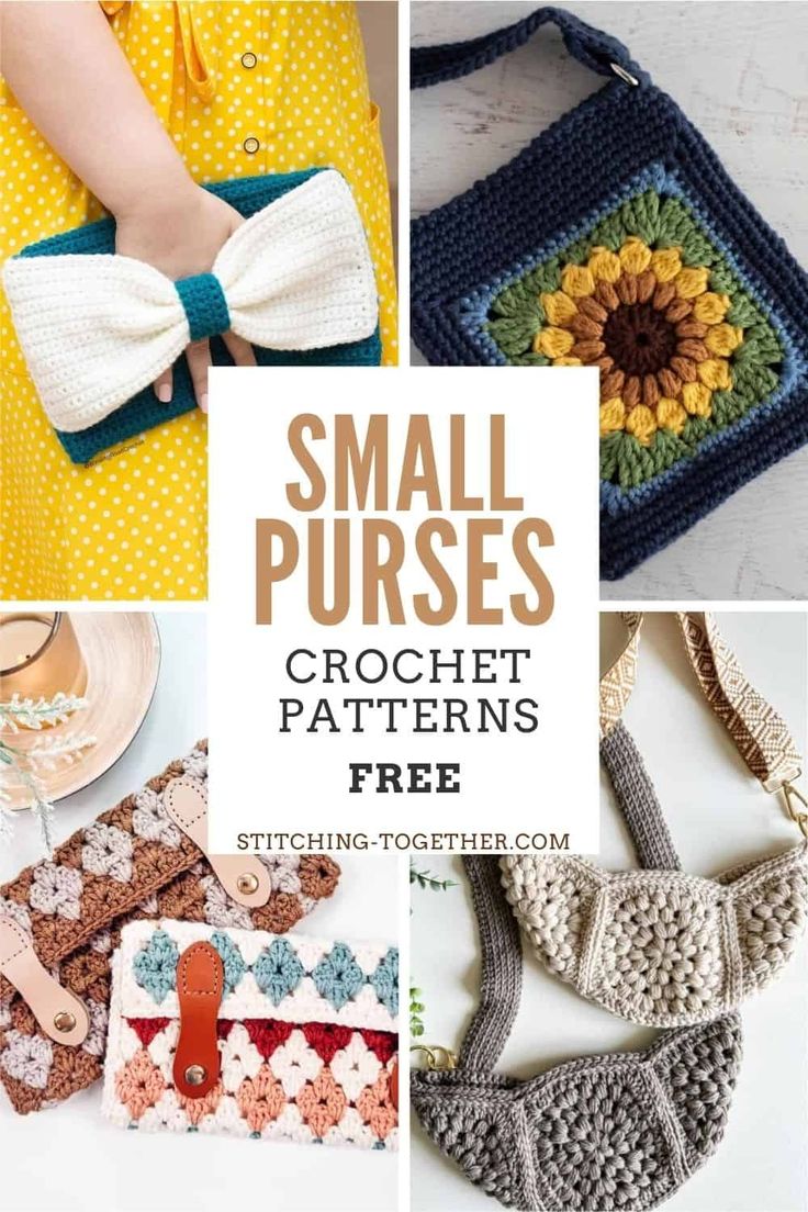 small purses with crochet patterns on them and the title overlay reads, small purses crochet patterns free