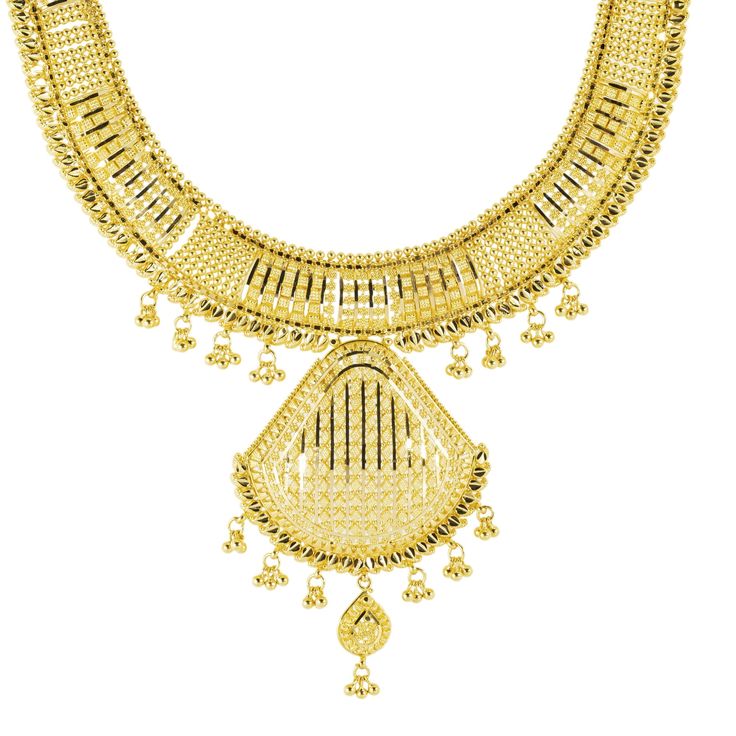 Indulge in sophistication with this beautiful 22k yellow gold necklace and earrings set by Virani Jewelers. Crafted with beauty and cultural heritage in mind, this gold jewelry set exudes timeless elegance any woman would love to adorn on her special day. Elevate your ensemble with the allure of Indian jewelry, perfect for adding a touch of luxury to formal occasions.Features• 22k yellow gold• Filigree• BeadingNecklace Specifications:• Minimum Width - 1.75 millimeters• Maximum Width - 46.2 milli Luxury Hallmarked Yellow Gold Bridal Necklace, Luxury Yellow Gold Necklace For Ceremonial Occasions, Luxury Yellow Gold Round Temple Necklace, 22k Yellow Gold Jewelry For Diwali, Festive 22k Gold Yellow Jewelry, 22k Gold Temple Jewelry In Yellow, 22k Gold Yellow Temple Jewelry, Yellow 22k Gold Temple Jewelry, Festive 22k Yellow Gold Jewelry