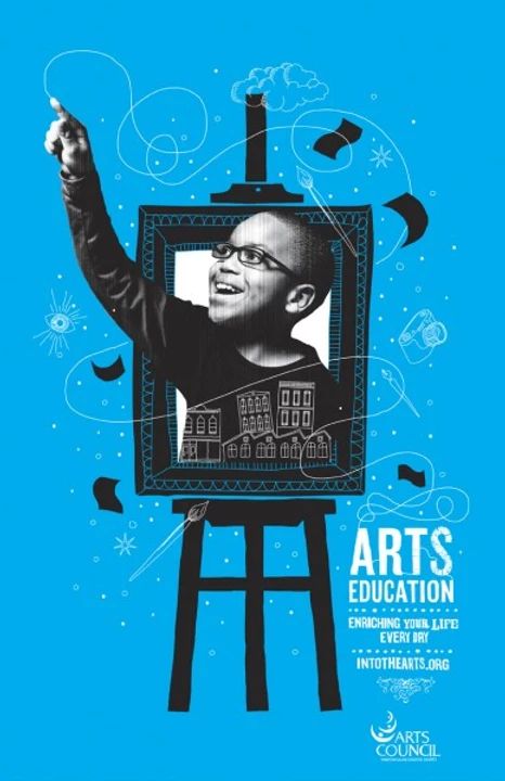 an advertisement for the arts education program with a man pointing to something on a television screen