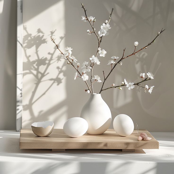 three white vases sitting on top of a wooden table next to eggs and flowers