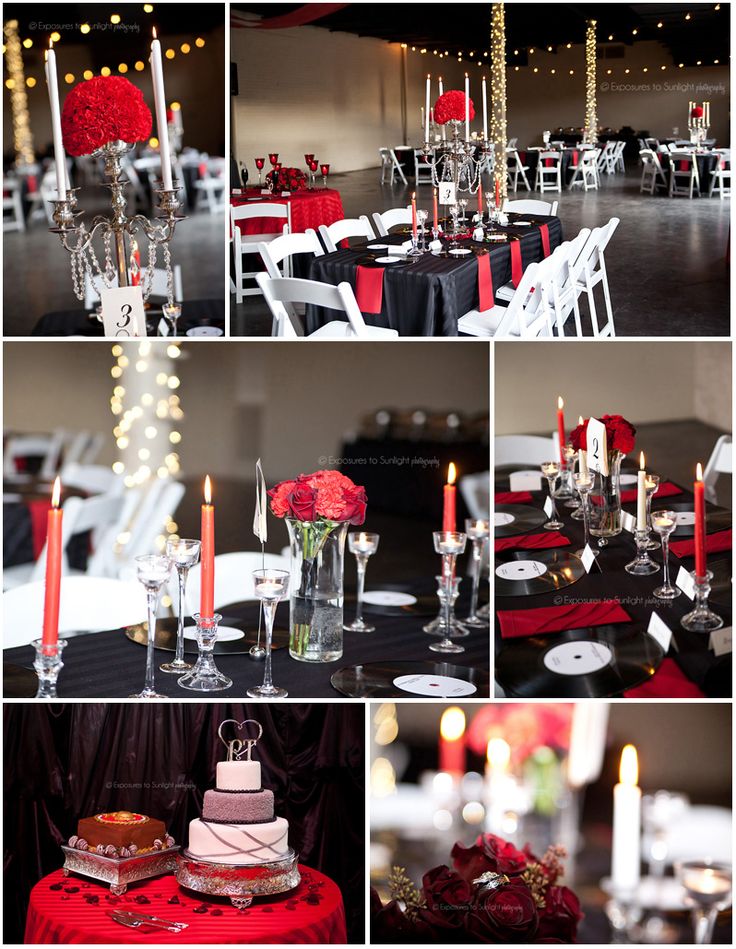 a collage of photos with red and white flowers on the table at a wedding