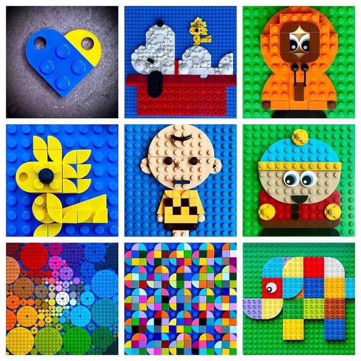 several different legos are arranged in squares to look like children's artwork and crafting