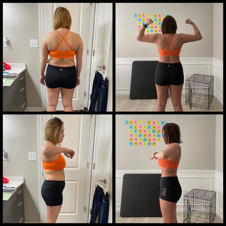 four pictures of a woman in shorts and an orange top pointing at the wall with sticky notes on it