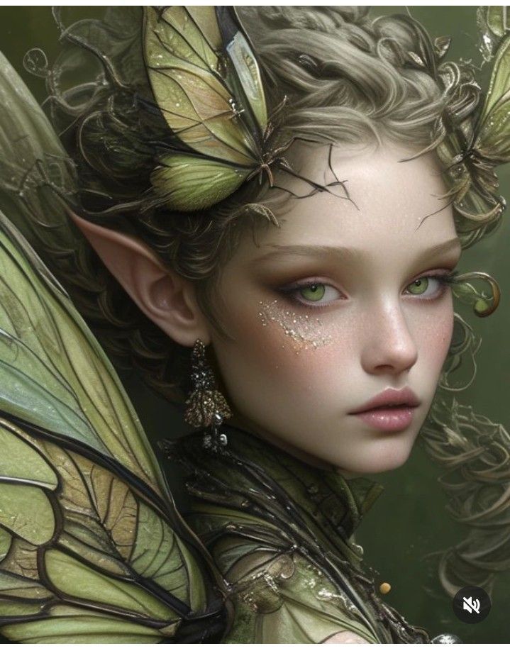 a woman with green eyes and wings on her face