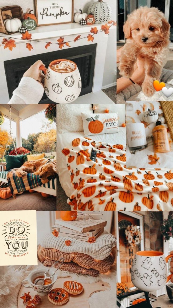 a collage of photos with pumpkins and other things on it, including blankets