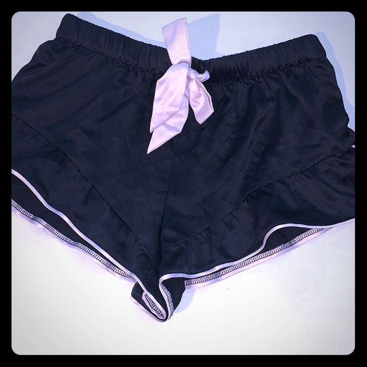 Victoria Secret Satin Lounge Shorts. Black Satin With Pink Piping. Satin Drawstring And Elastic Waistband. Nwt Black Sleepwear With Elastic Waistband For Sleepovers, Black Shorts For Pajama Party, Black Sleep Bottoms Short Length, Black Short Sleep Bottoms, Casual Black Victoria's Secret Sleepwear, Black Stretch Short Sleepwear, Black Pajama Shorts For Sleepover, Black Stretch Shorts For Lounging, Black Short Sleepwear For Sleepover