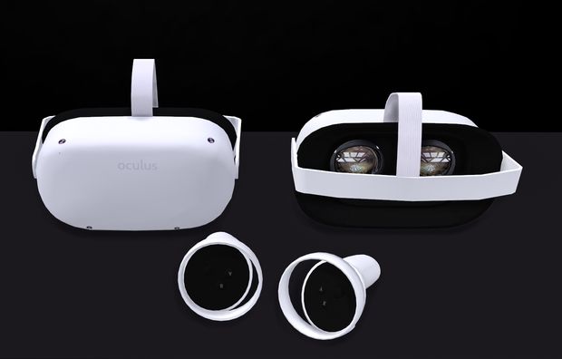 two white vr headsets sitting next to each other on a black surface with lights