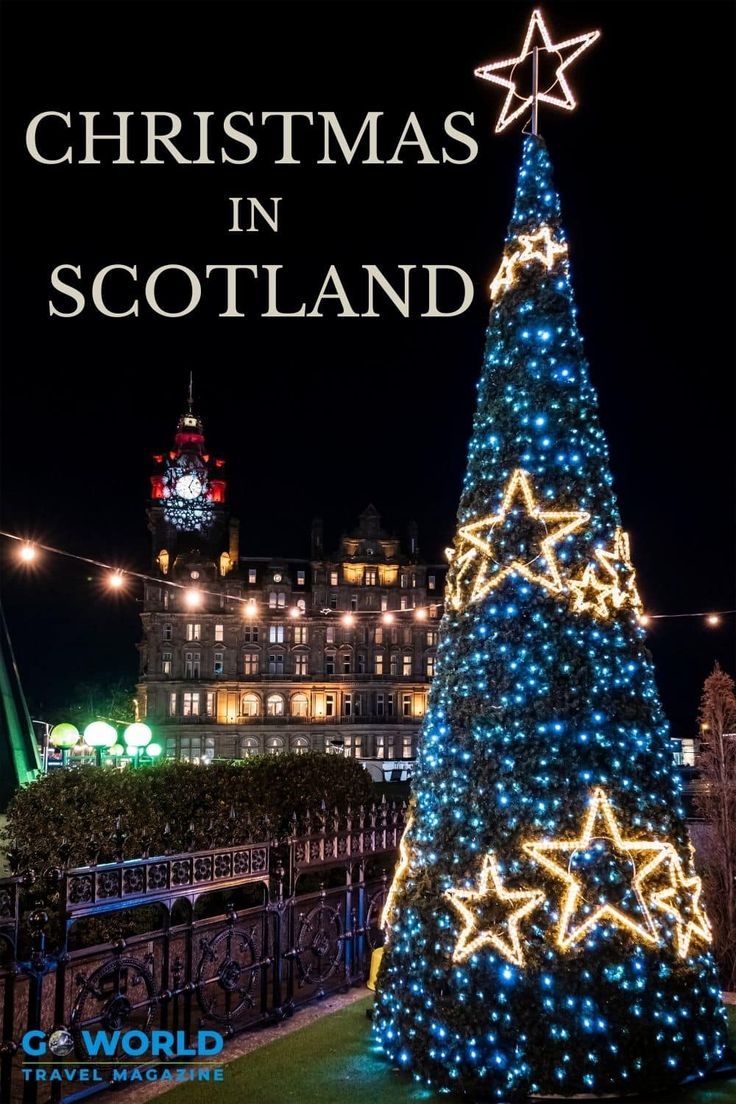 a christmas tree with lights on it and the words christmas in scotland