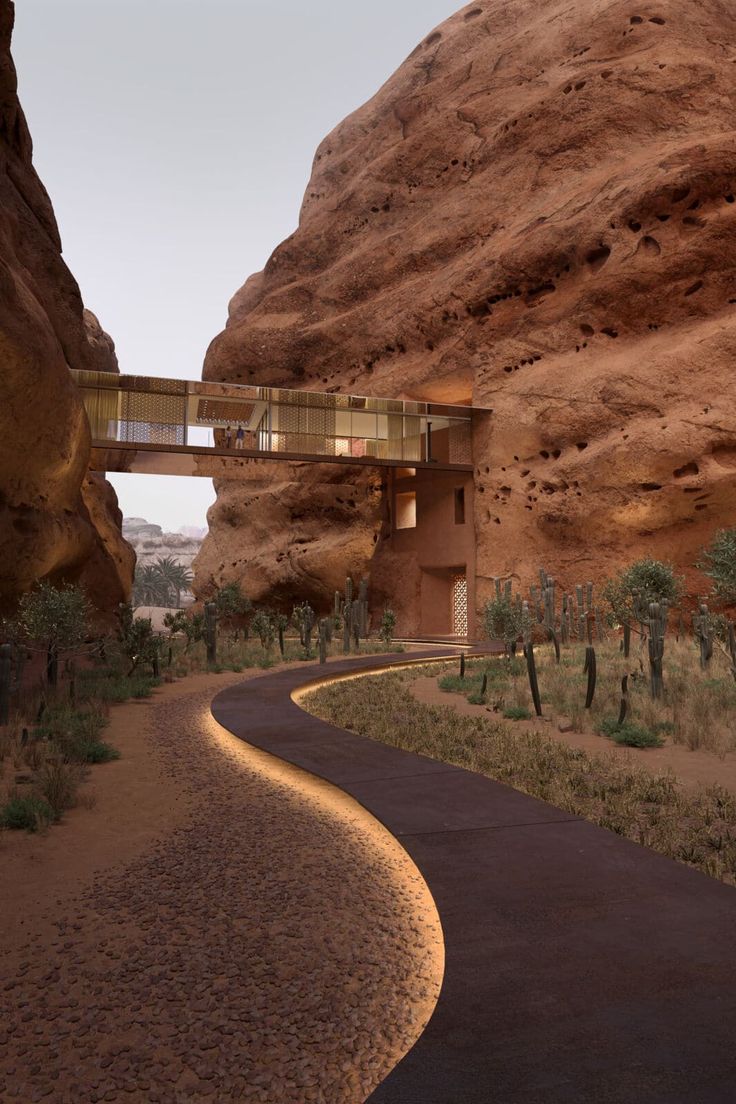 an artist's rendering of a road in the desert with a bridge over it