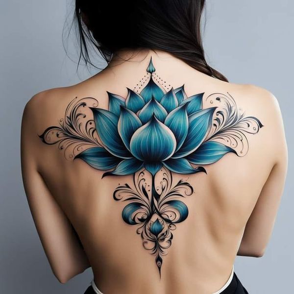 a woman's back with a blue flower tattoo on it