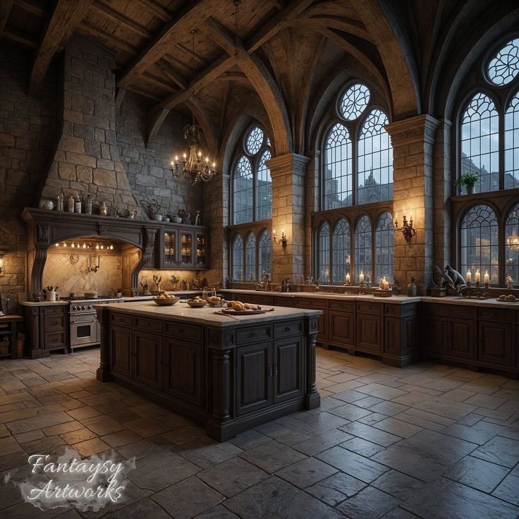 a large kitchen with stone walls and flooring is lit up by chandeliers