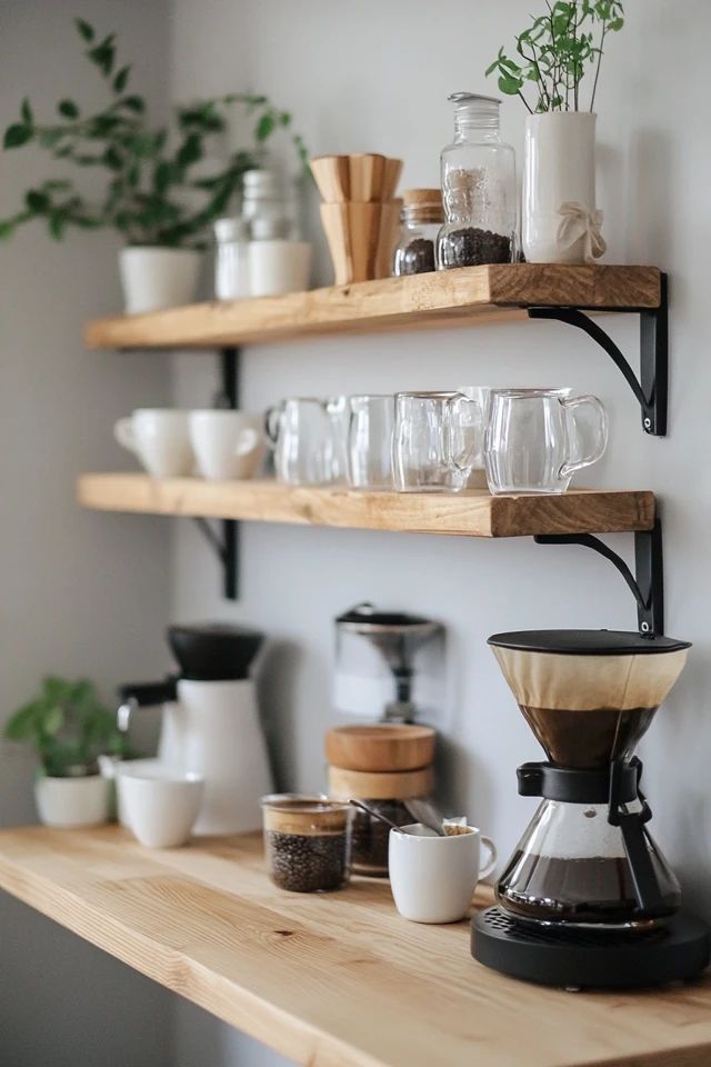 a coffee maker and cups are sitting on the shelf