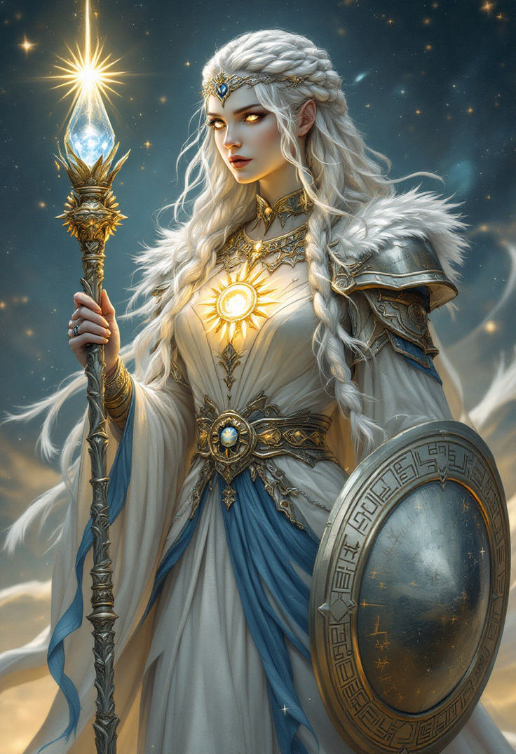 a woman dressed in white holding a crystal ball and a golden staff with stars on it