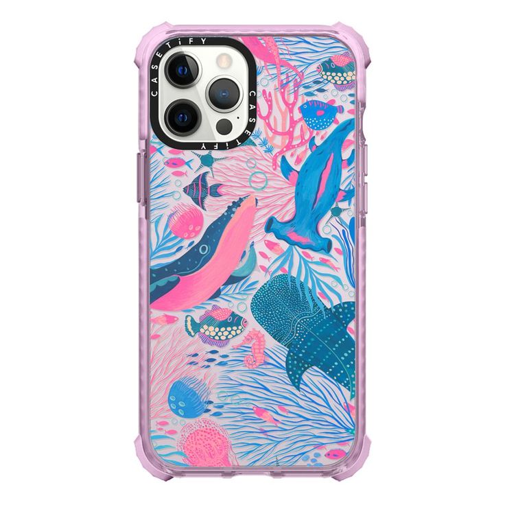 an iphone case with colorful fish and corals on the cover, in blue and pink