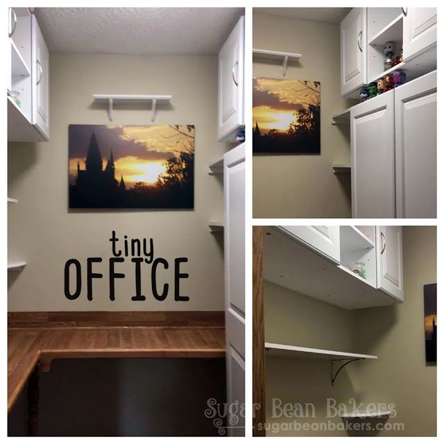 three pictures of the inside of a home office with white cabinets and open shelving