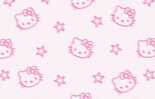 a pink hello kitty wallpaper with stars and hearts on it's back ground