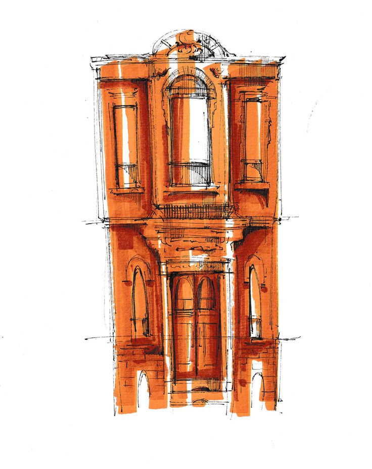 a drawing of an orange building on a white background