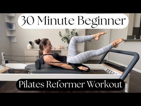 a woman is doing pilatess on an exercise machine with the words 30 minute beginner