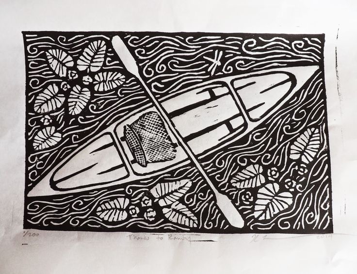 a black and white drawing of a kayak in the water with leaves on it