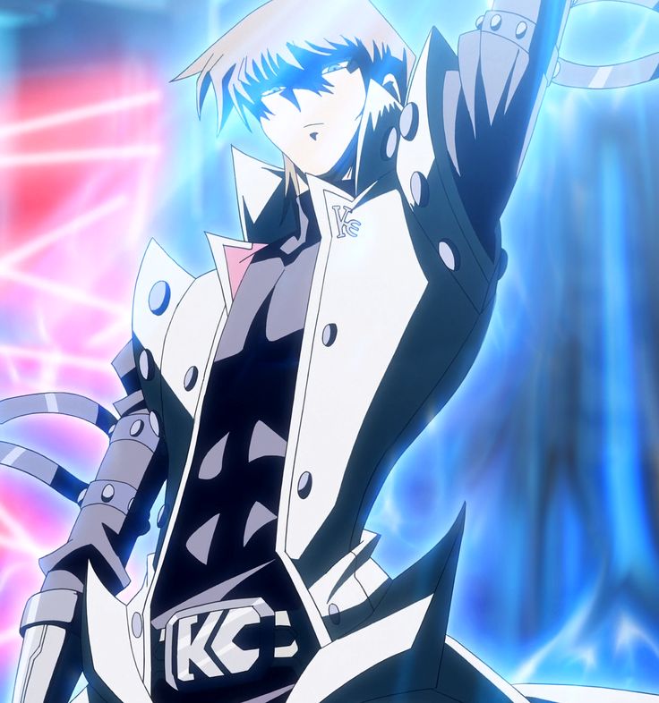 an anime character with blue hair and black outfit holding his arms up in the air