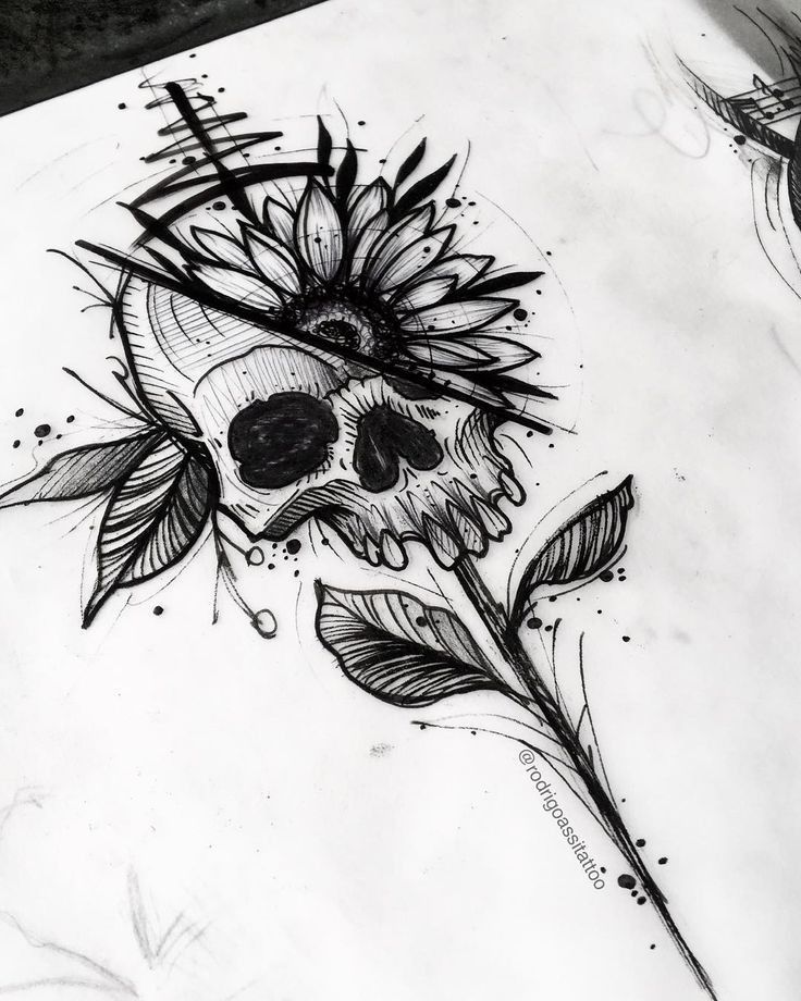 a drawing of a sunflower with a skull on it