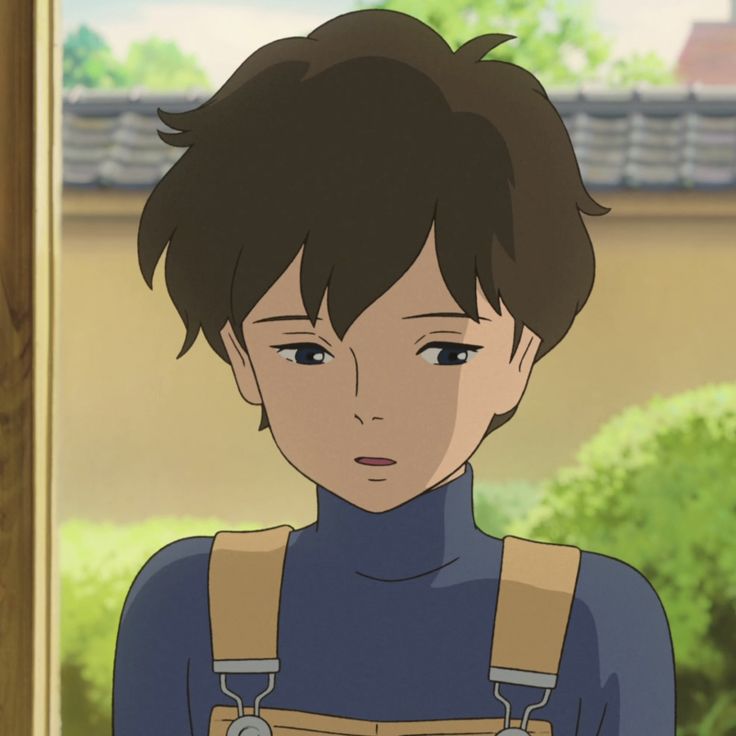 an anime character with brown hair and blue shirt standing in front of a window looking at the camera