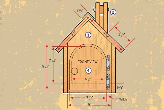 a drawing of a dog house with measurements for the front door and side windows on it