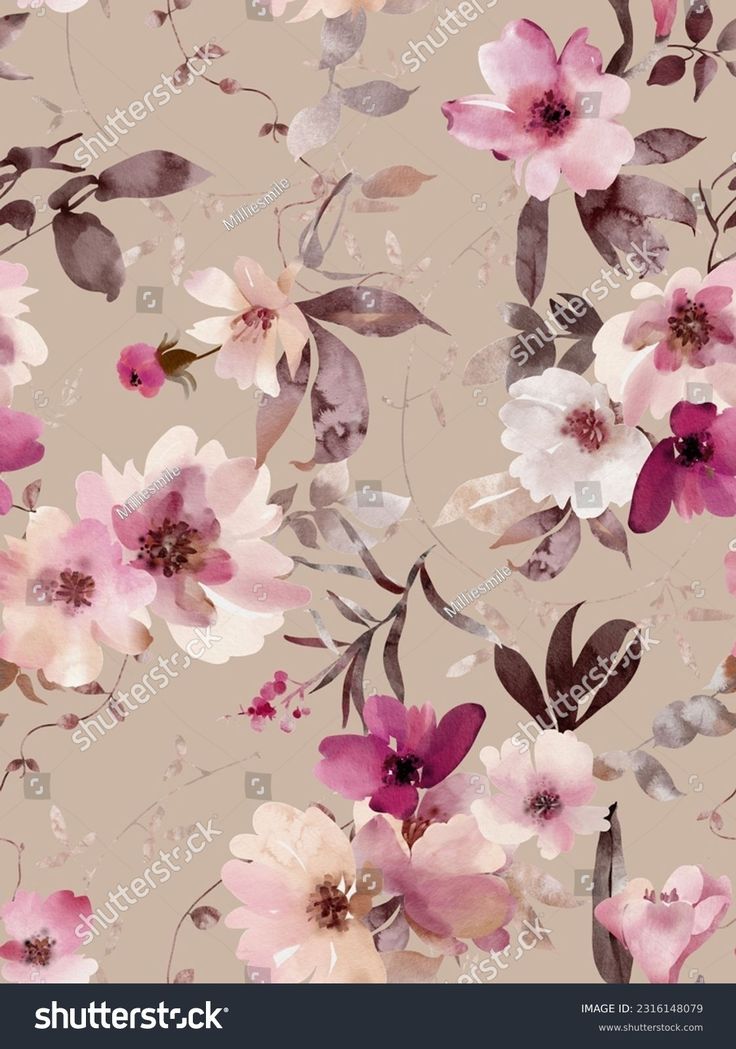 watercolor floral pattern with pink flowers and leaves on a beige background, suitable for wallpaper or fabric