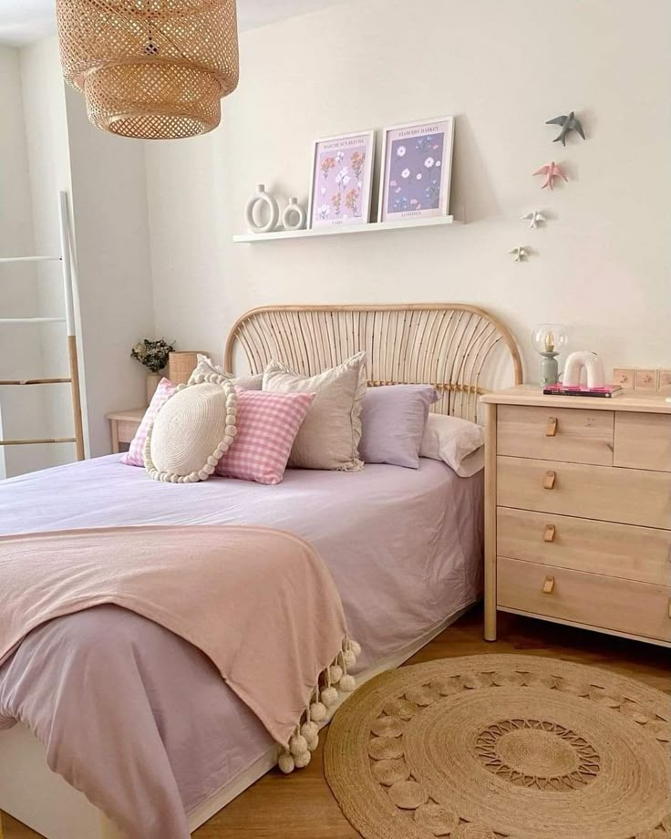 a bed room with a neatly made bed next to a wooden dresser and mirror on the wall