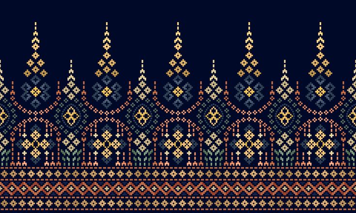 an embroidered pattern in blue and orange colors on a dark background with gold trimmings