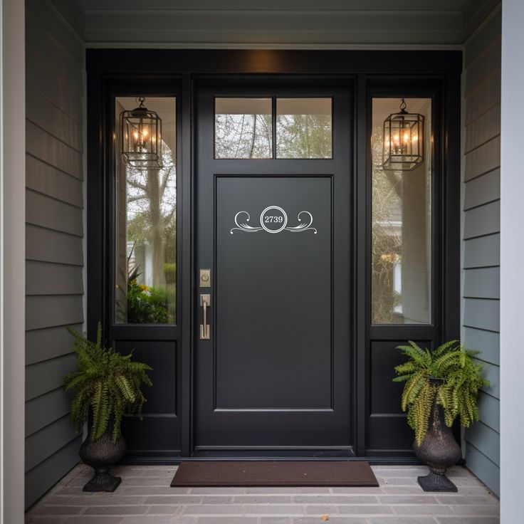 a black front door with two potted plants on the side and one light hanging above it