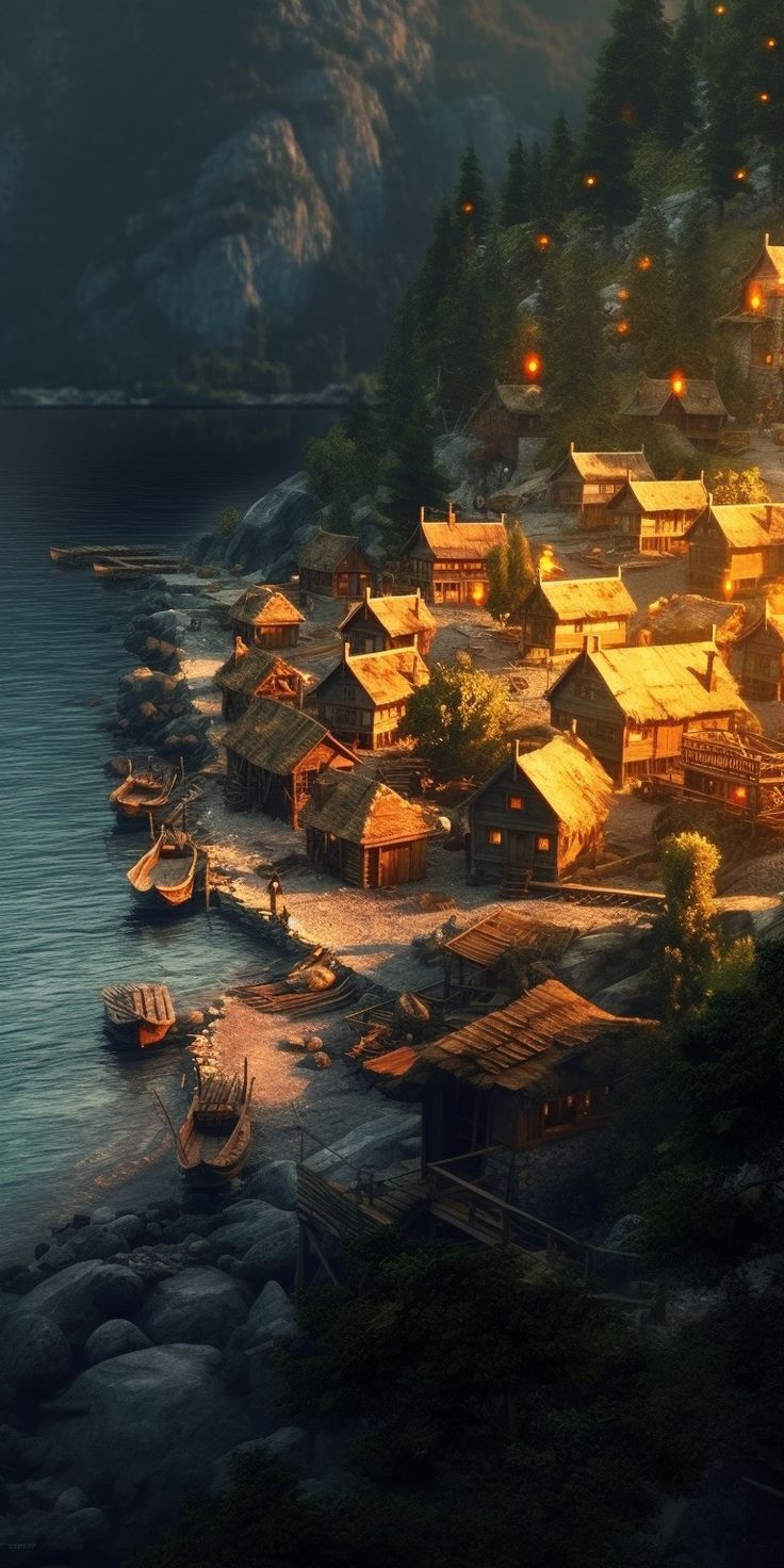 an image of a village by the water at night time with boats parked on the shore