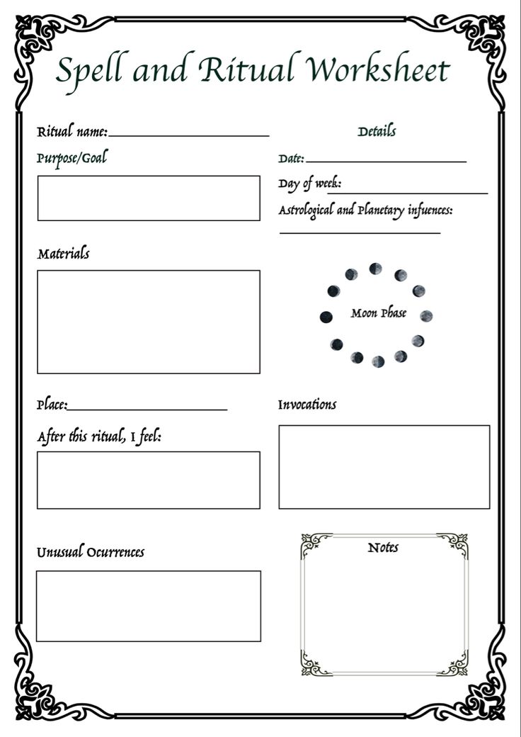 the worksheet for spell and ritual worksheet is shown in black and white