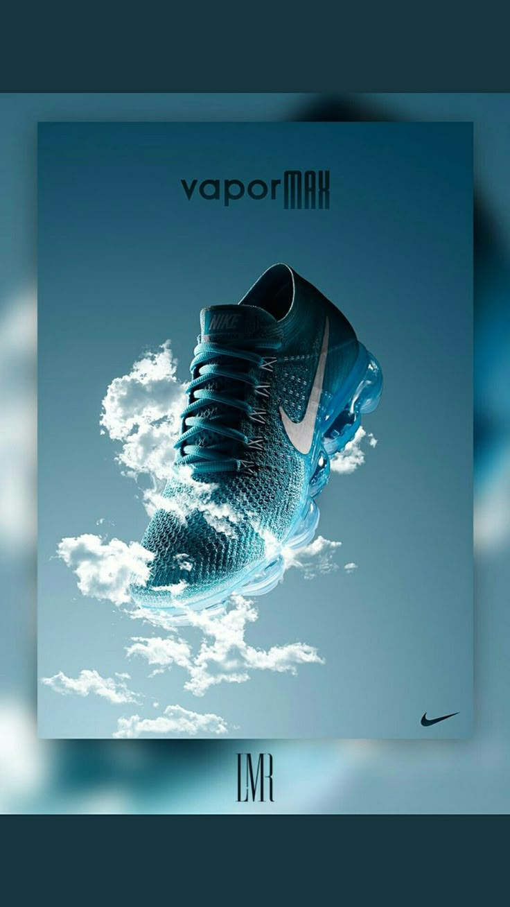 the nike shoe is floating in the air with clouds behind it and an ad for vapor