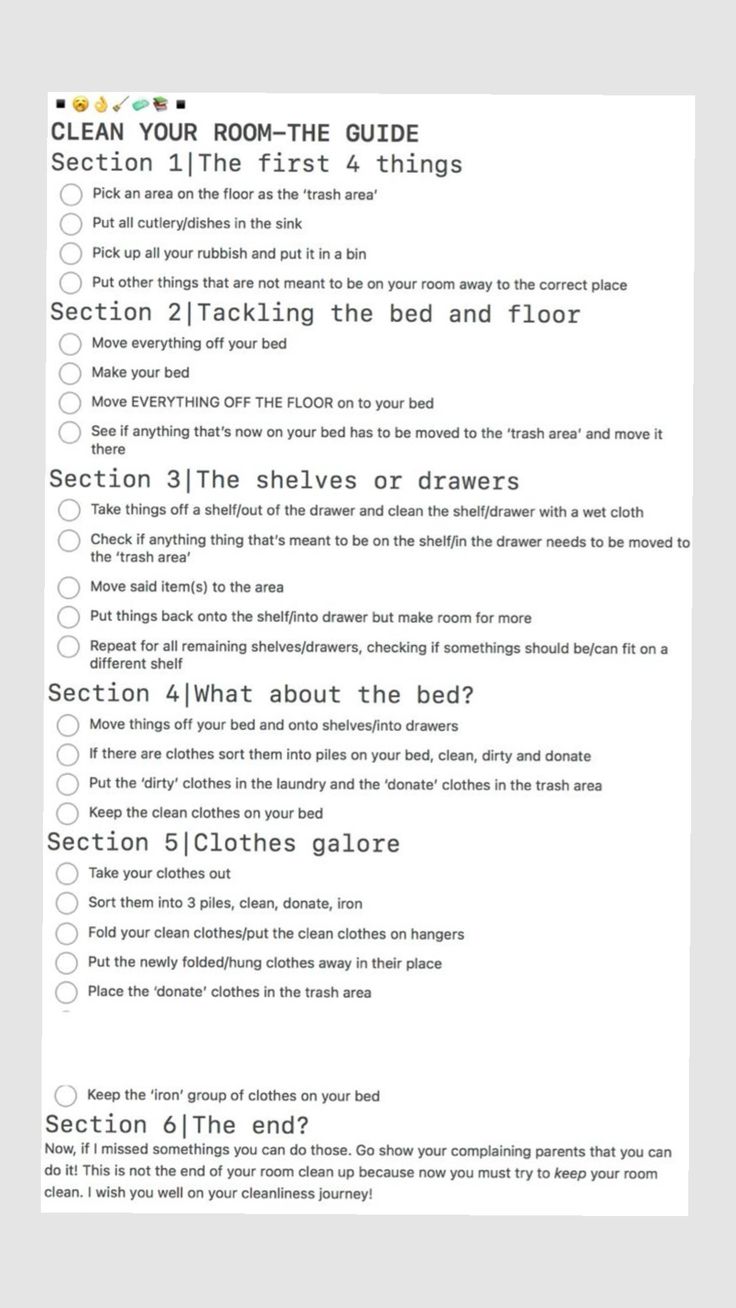 a printable cleaning checklist with instructions to clean your room - the guide section