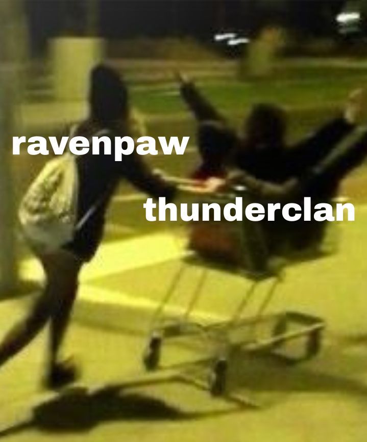 two people pushing a cart with the words ravenpaw thunderclan on it