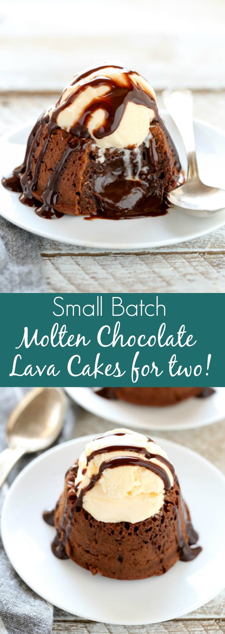 small batch moltin chocolate lava cakes for two on white plates with spoons