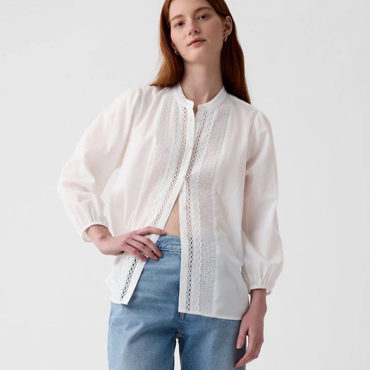 Soft Cotton Shirt. Crewneck. Three-Quarter Sleeves. Button Front With Lace Detailing. Nwt Gap Shirt With Button Closure For Daywear, Gap Shirt With Button Closure For Daily Wear, Gap Cotton Blouse Relaxed Fit, Gap Relaxed Fit Cotton Blouse, Gap Cotton Blouse With Relaxed Fit, Gap Cotton Button-up Blouse, Classic Gap Cotton Blouse, Classic Cotton Blouse By Gap, Gap Tops With Button Closure