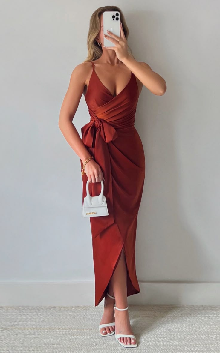 How Will I Know Dress in Copper | Showpo USA Teal Fall Dress, Rust Colored Wedding Guest Dress, 15 Guest Dresses, Wedding Guest Dress Burnt Orange, Rust Color Dress Fall Wedding, Copper Midi Dress, Terracotta Wedding Dress Guest, Formal Quinceanera Guest, November Wedding Guest Dress Formal