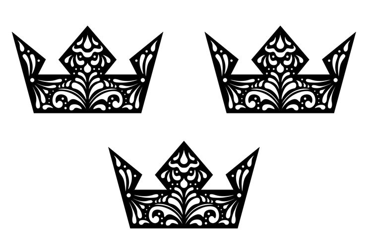 three black crowns with intricate designs on them, one is cut out and the other two are