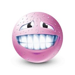 a pink smiley face with raindrops on it's eyes and mouth is smiling