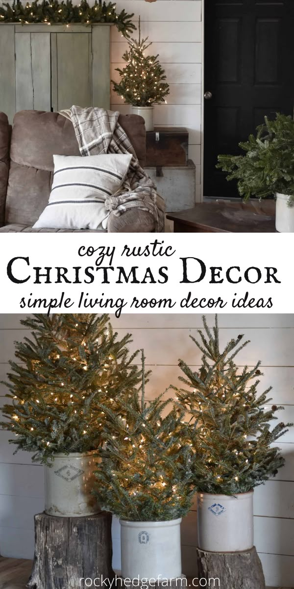 two christmas trees sitting in buckets next to each other on a coffee table with text overlay that reads cozy rustic christmas decor simple living room decor ideas