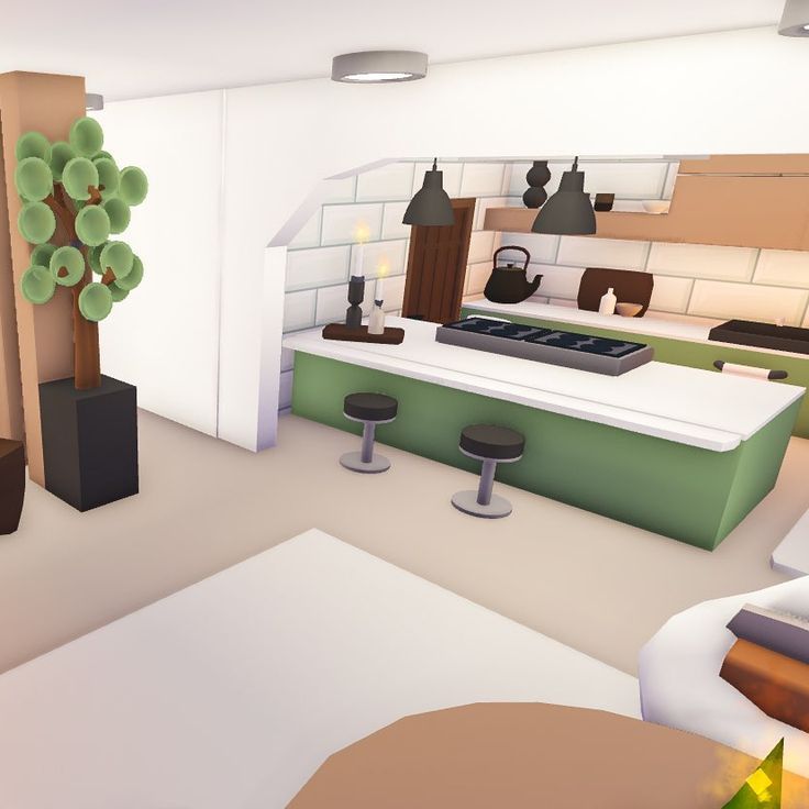 the interior of a modern kitchen with stools and potted plants on the counter