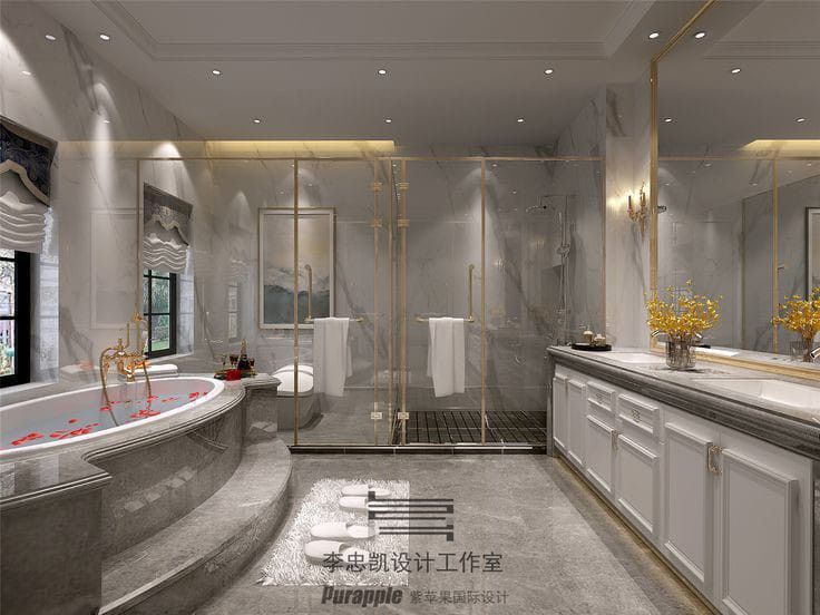 an elegant bathroom with marble floors and walls