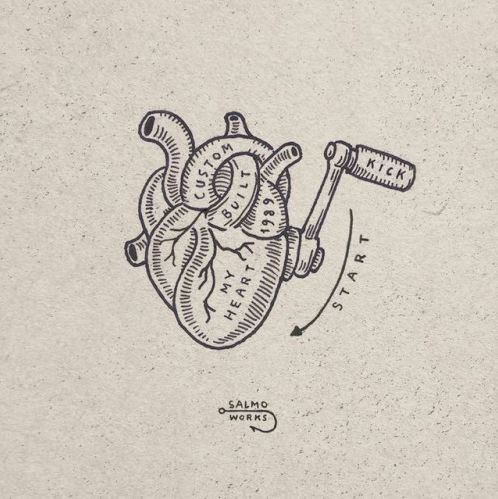 a drawing of a human heart with a hammer stuck in it's back end