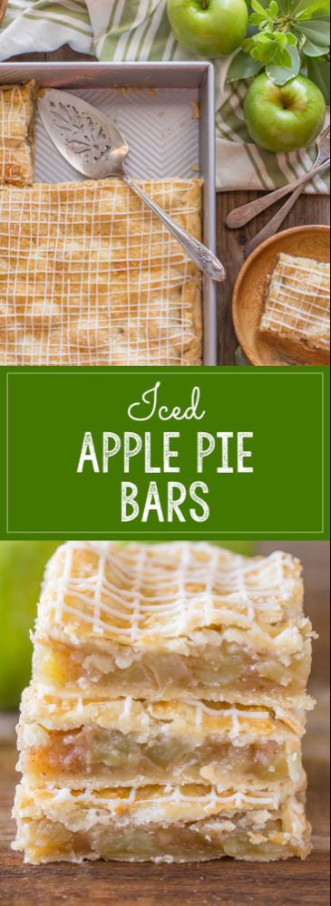 apple pie bars stacked on top of each other with apples in the background and text overlay