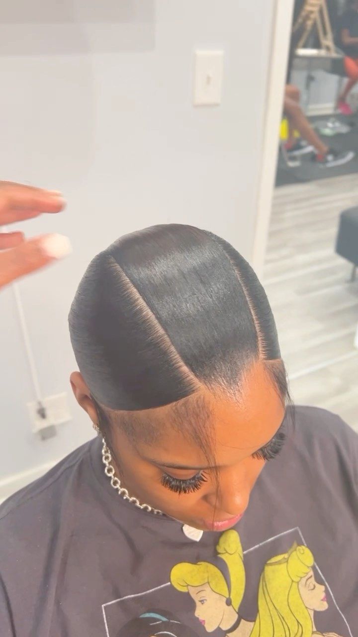 3d Slick Back Ponytail, 3 Way Part Slick Back, V Slick Back Ponytail, How To Mold Hair For A Ponytail, 3d Part Ponytail, Straight Back Ponytail Black Women, Three Part Slick Back, V Part Slick Back Ponytail Natural Hair, 3 Part Slick Back